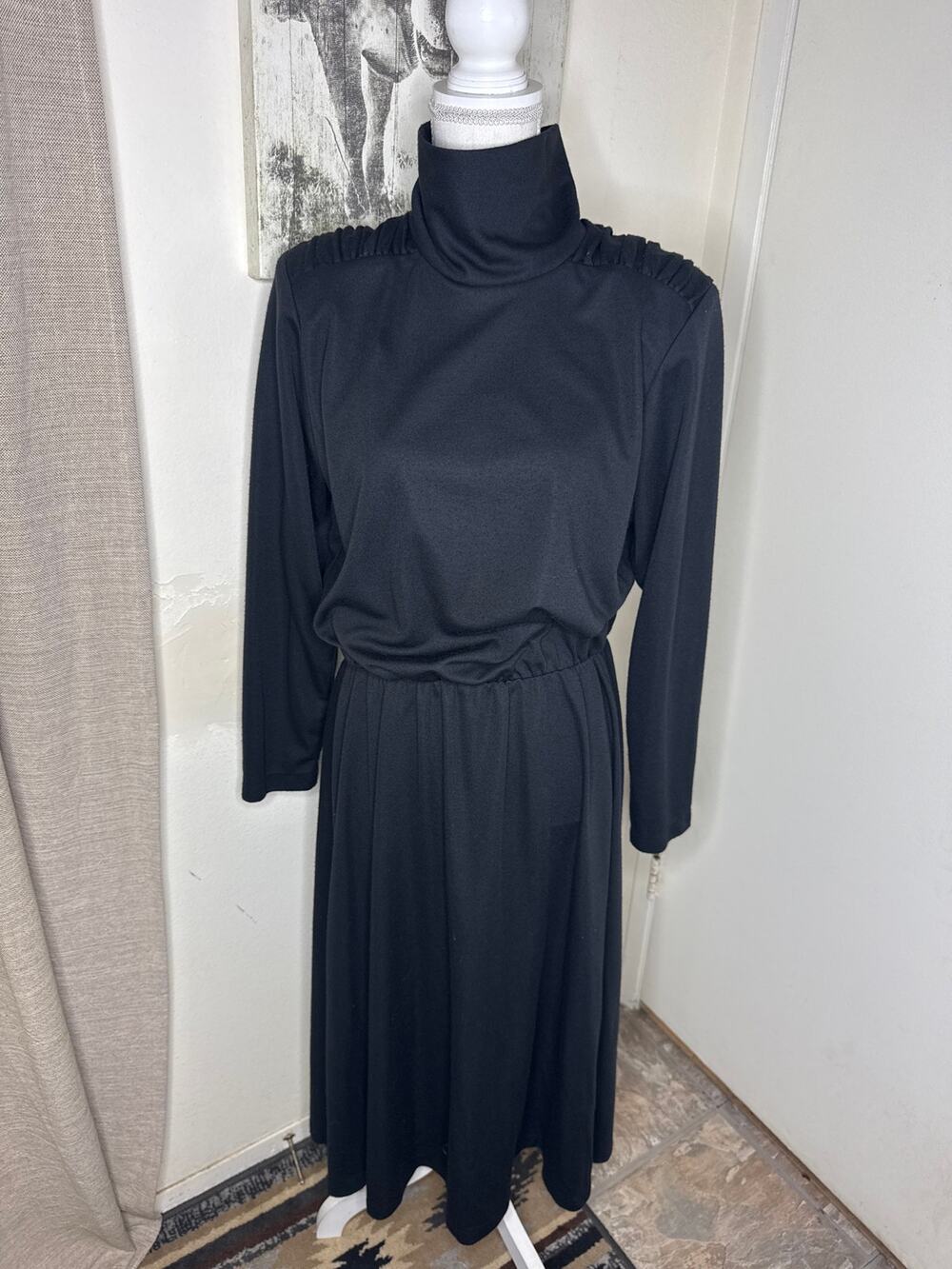 Vintage 80s Impromptu Black Mock Neck Midi Dress - Made in USA -SZ 16 Chic Goth
